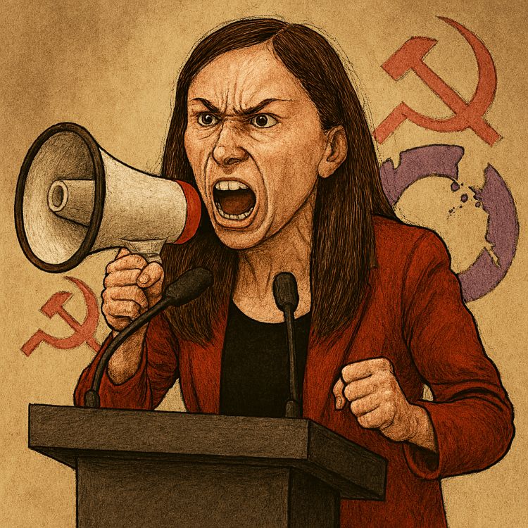 Belarra, grito sin gestión Caricatura de Ione Belarra gritando por un megáfono, con gesto airado, fondo de Podemos derrumbándose y hoz y martillo visibles