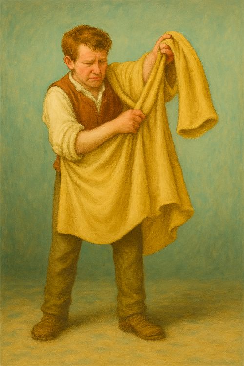 Camisa de once varas Camisa de once varas. Joven intentando ponerse una túnica desmesurada en un entorno sereno y neutro