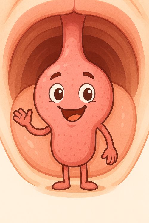 Campanilla o úvula Ilustración caricaturesca de una campanilla antropomorfizada, sonriente y rosada, situada en una boca abierta con lengua y paladar visibles