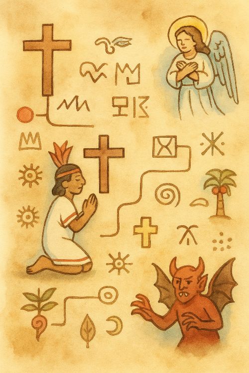 Ilustración en acuarela de catecismo testeriano con símbolos cristianos, pictogramas indígenas y escena de evangelización