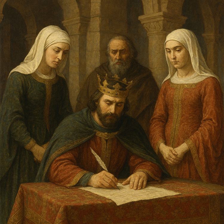 Concordia de Benavente Concordia de Benavente. Fernando III firmando un documento en presencia de las infantas Sancha y Dulce, en un salón medieval con arquitectura románica
