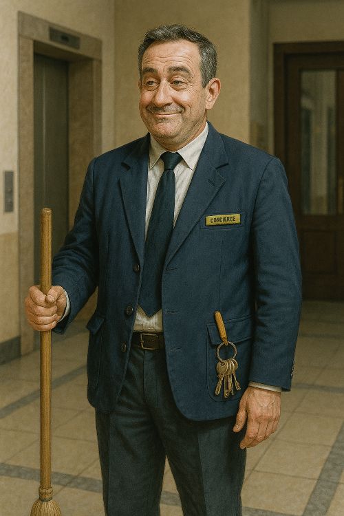 Conserje de mediana edad con uniforme azul marino, llavero profesional y escoba, en el vestíbulo de un edificio moderno