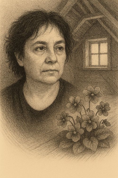 Crecen violetas en el ático Retrato de María Eugenia Caseiro junto a un ático con violetas floreciendo, en composición poética