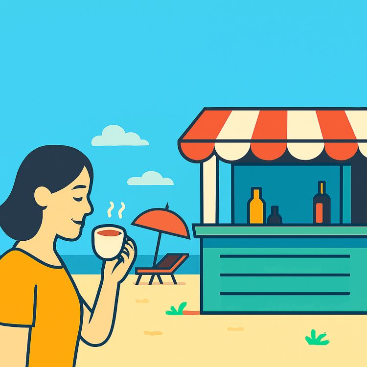 De chiringos y chiringuitos De chiringos y chiringuitos. Ilustración de una escena de playa con una persona tomando café y un chiringuito con sombrilla y tumbona frente al mar