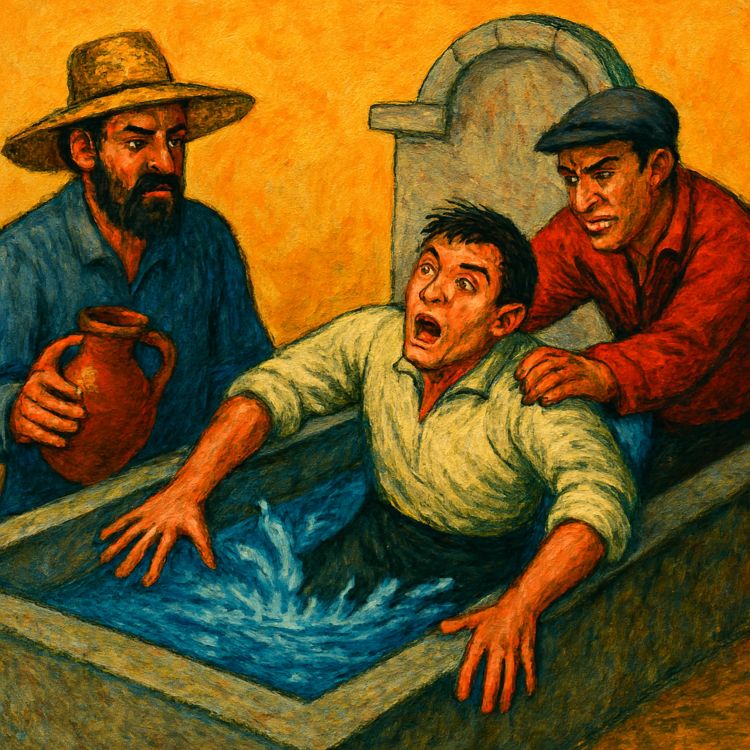 El aguador y el pilón. Tres hombres junto a un pilón: uno con una jarra, otro empujando a un tercero que cae al agua con expresión de sorpresa