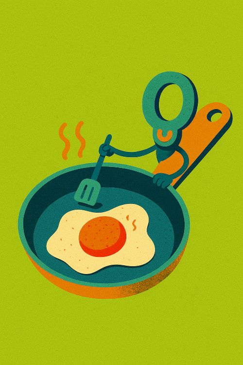 El agujero del mango El agujero del mango. Ilustración caricaturesca de una sartén con huevo frito y mango animado con forma de personaje cómico