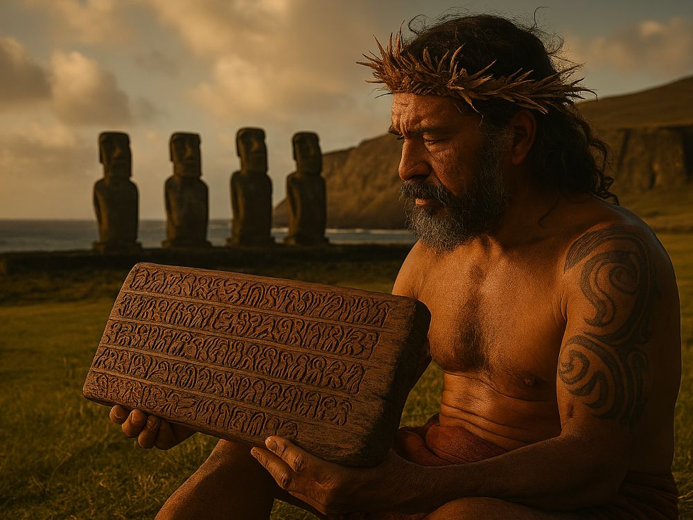 Anciano rapanui sostiene una tablilla Rongo Rongo frente a los moáis al atardecer en la isla de Pascua