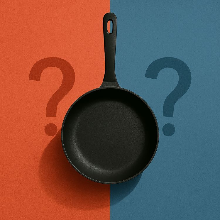 Sartén estilizada suspendida sobre fondo dividido en rojo cálido y azul frío, con sombras divergentes