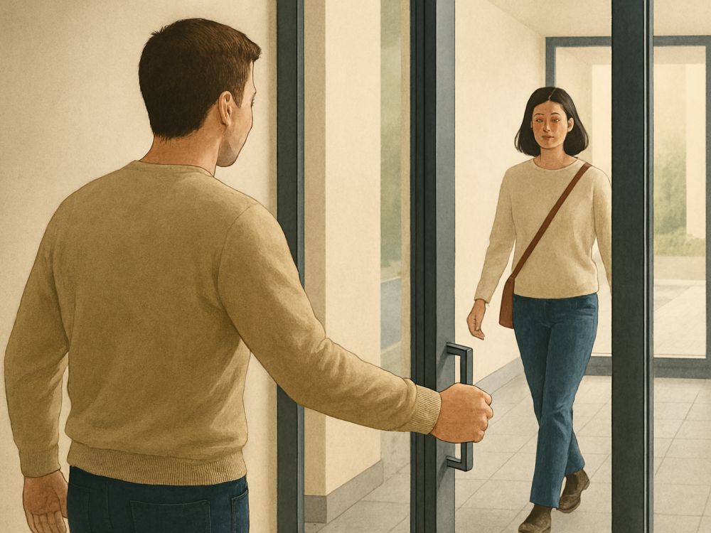 Gesto. Un hombre joven sostiene la puerta de cristal abierta con una mano mientras una mujer se aproxima desde el interior del edificio