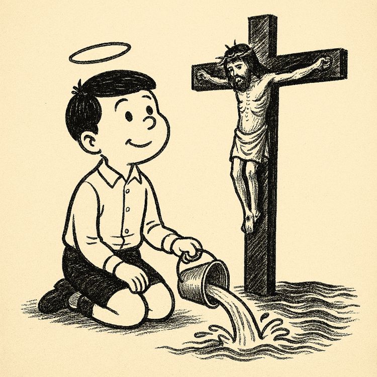 'El niño teológico', con aureola achica el mar con un cubo frente a un océano inmenso, rodeado de símbolos religiosos flotantes