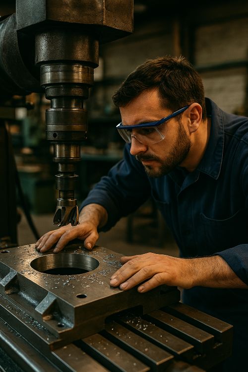 Fresador operando una fresadora vertical en taller industrial, concentrado en el mecanizado de una pieza metálica
