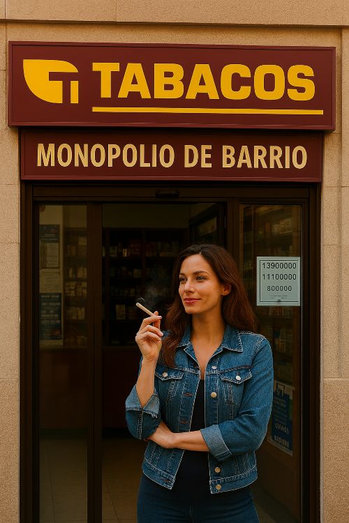El poder del estanquero El poder del estanquero. Mujer desenvuelta frente a un estanco español con rótulo de 'Tabacos' y eslogan irónico 'Monopolio de barrio'