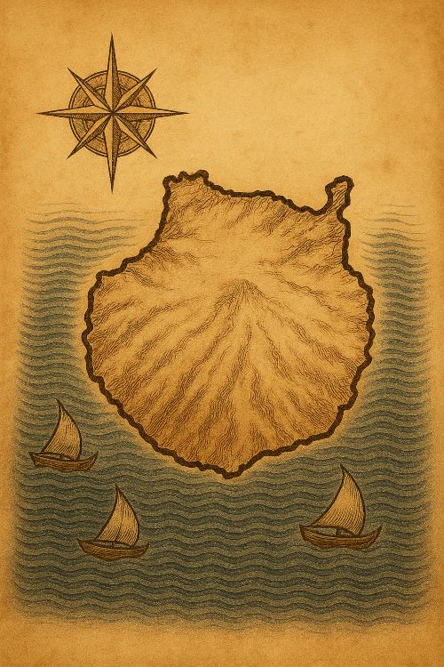 Mapa ilustrado de Gran Canaria en estilo antiguo, con relieve montañoso, tres barcos de vela y una rosa de los vientos sobre fondo de pergamino