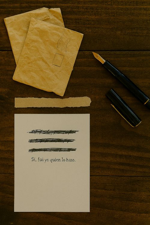 Historia de una carta. Mesa de madera con sobres arrugados, papel tachado y una confesión