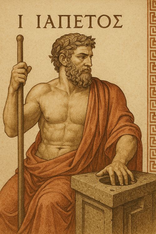 Jápeto representado como figura mitológica griega, con himatión rojo, bastón y gesto solemne, en estilo clásico