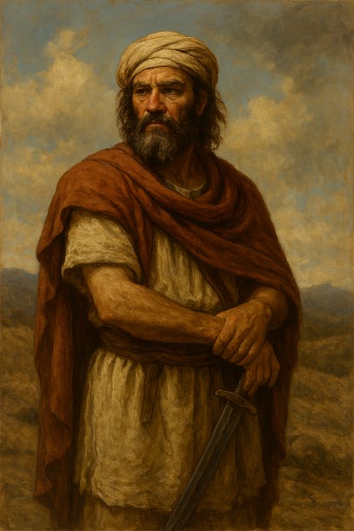 Jefté, voto y tragedia Retrato de Jefté con túnica sencilla, turbante y espada, en paisaje árido de colinas bíblicas