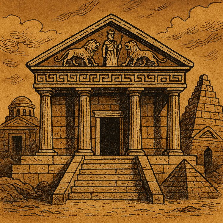 La Casa de Atreo Casa de Atreo. Templo micénico monumental con columnas dóricas, frontón decorado y estructuras funerarias, bajo cielo dramático