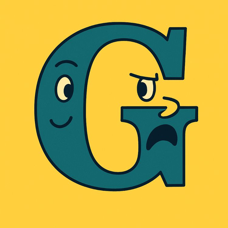 Letra G verde con dos caras integradas en su forma, diseñada como un personaje gráfico divertido