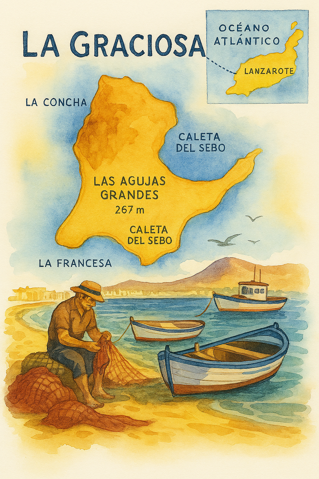 Ilustración en acuarela de La Graciosa con mapa de ubicación frente a Lanzarote y escena costera con pescador y barcas tradicionales