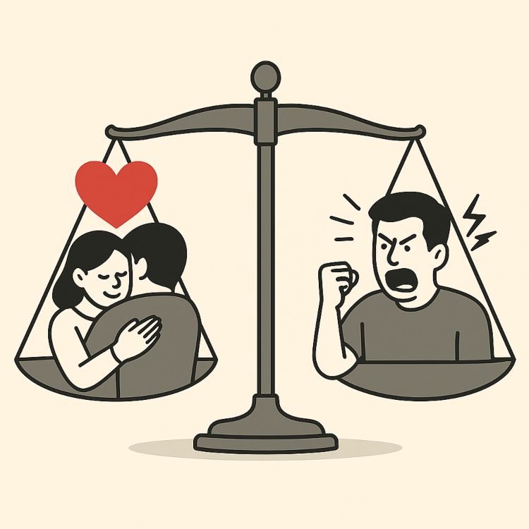 La impostura del desde. Ilustración editorial de una balanza con dos platillos: uno muestra una pareja abrazándose con un corazón rojo, el otro a un hombre enfadado con el puño en alto y líneas de ira