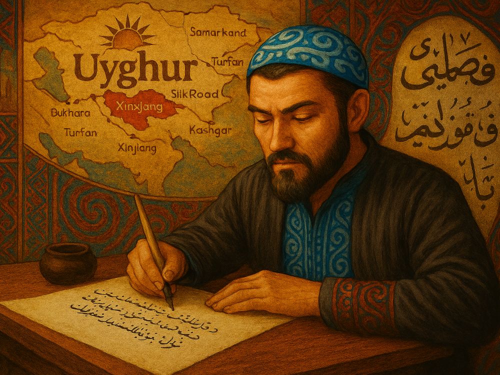 Ilustración de un sabio uigur escribiendo con caligrafía árabe, frente a un mapa de Asia Central con rutas de la Seda y motivos tradicionales