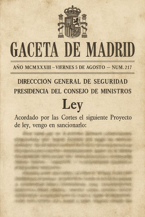 Ley de Vagos y Maleantes. Portada envejecida de La Gaceta de Madrid del 5 de agosto de 1933, con escudo republicano, título oficial y texto legal difuminado