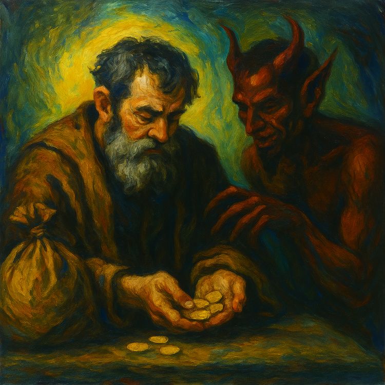 Lo bien ganado Lo bien ganado... Grabado alegórico en tonos fríos que representa a un hombre observando cómo sus monedas se desvanecen en humo, mientras una figura demoníaca se extiende tras él y arrastra a otro personaje hacia la sombra