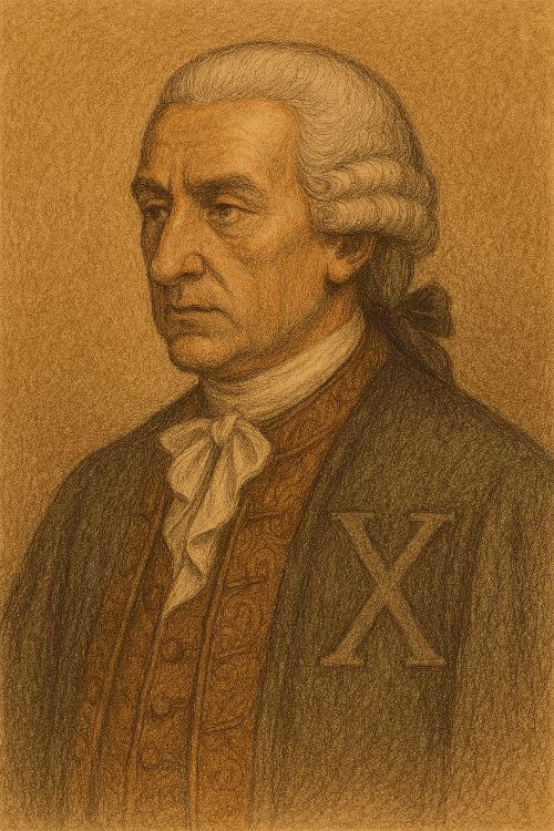 Retrato en sepia de Manuel Pellicer de Velasco con peluca blanca, casaca ornamentada y una gran letra X bordada en el pecho