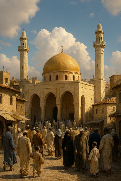 Escena frente a una gran mezquita con cúpula dorada, minaretes altos y personas vestidas con atuendo tradicional