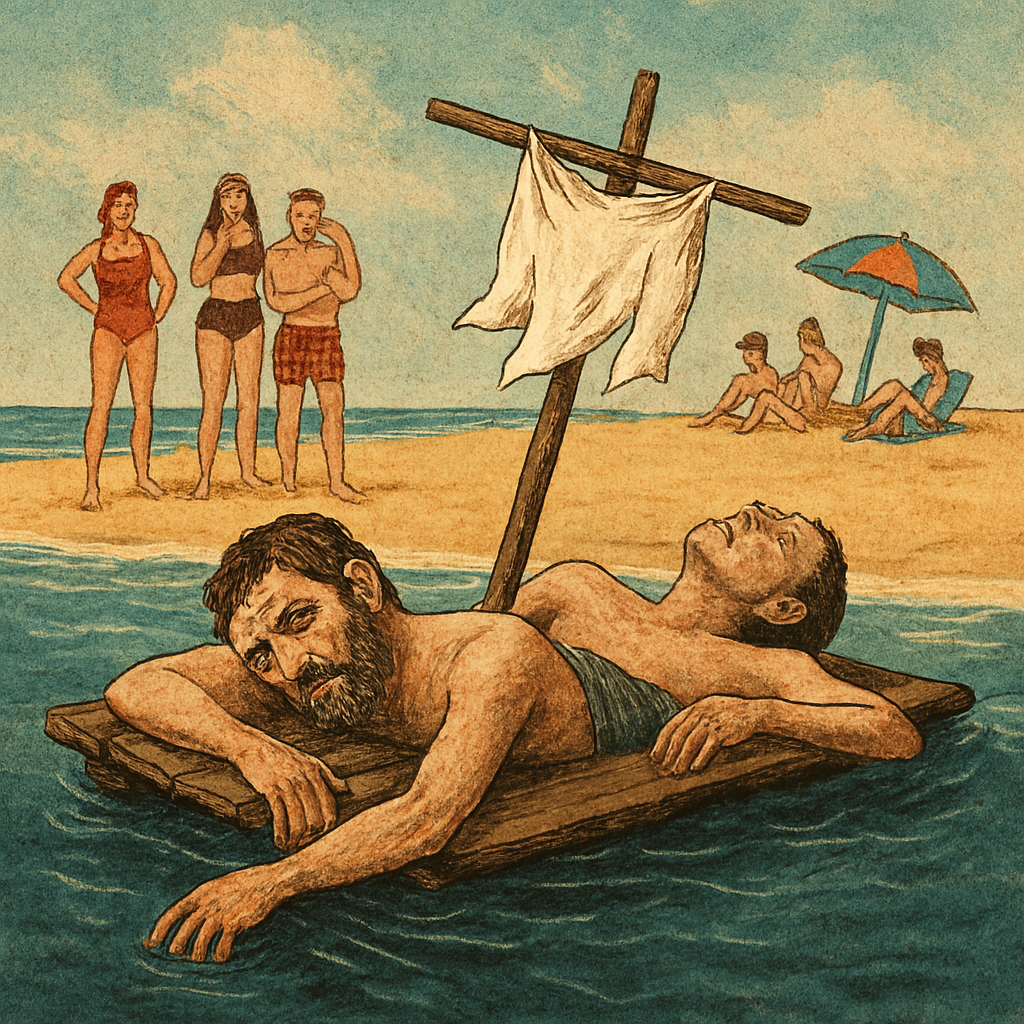 Ilustración conceptual de dos náufragos en una balsa frente a una playa concurrida, con contraste entre sufrimiento y ocio