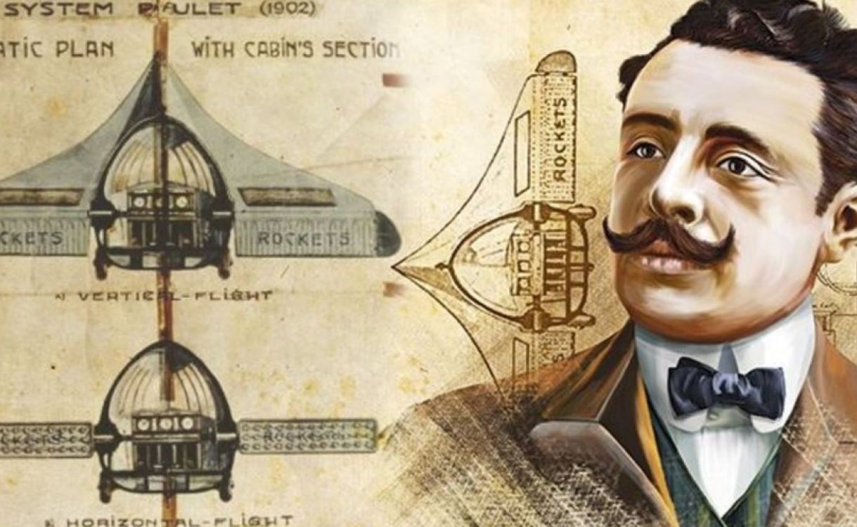Ilustración histórica del “System Paulet” de 1902 con dos esquemas de un vehículo a reacción —uno para vuelo vertical y otro para vuelo horizontal— acompañados por un retrato estilizado de un hombre con bigote vestido con traje de principios del siglo XX