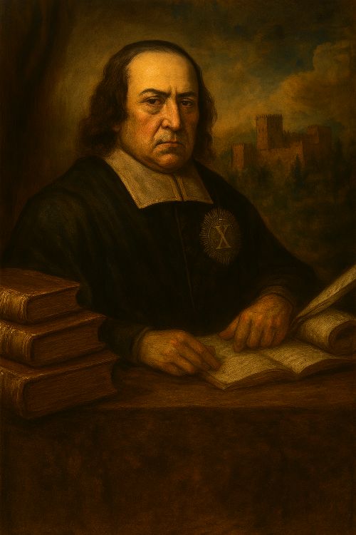 Pedro Verdugo de Albornoz Retrato barroco de Pedro Verdugo de Albornoz Ursúa, con escarapela académica de la letra X, rodeado de libros y manuscritos, con la Alhambra al fondo