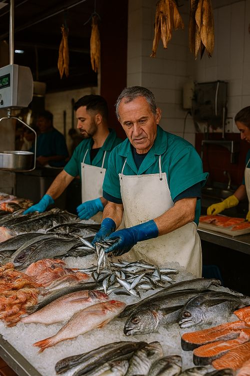 Pescadero Pescadero trabajando, junto a otros, en un mercado tradicional, rodeados de pescado fresco sobre hielo