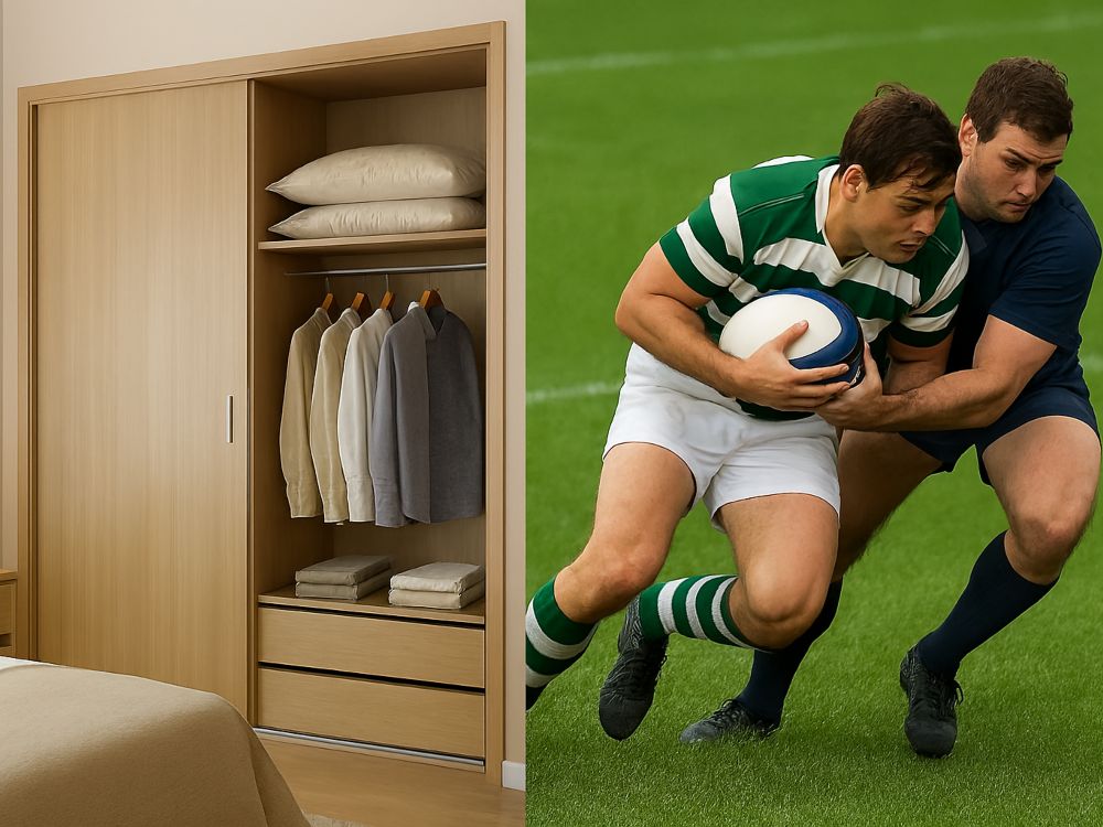 Imagen dividida en dos escenas: a la izquierda, un placar empotrado de madera con ropa ordenada en un dormitorio; a la derecha, dos jugadores de rugby en un placaje sobre un campo de césped.