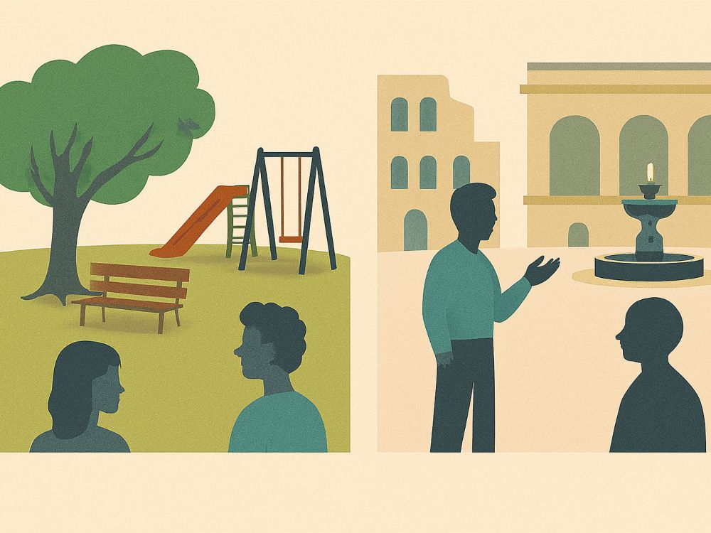 Plaza y playón. Ilustración comparativa de dos plazas: una arbolada con juegos infantiles y otra urbana con fuente y edificios institucionales