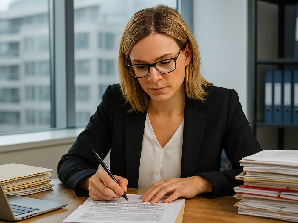 'Procurador: entre bambalinas'. Retrato realista de una procuradora moderna trabajando en su despacho, rodeada de documentos, tecnología y luz natural