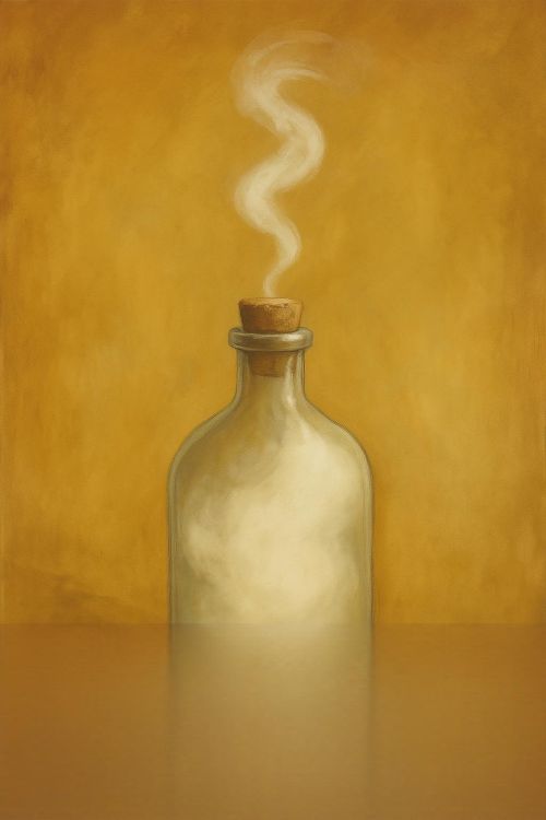 Quintaesencia. Frasco alquímico con sustancia luminosa emergente sobre fondo cálido y texturizado