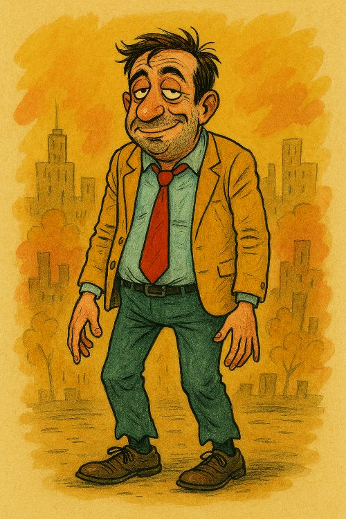 Rastrapajo. Caricatura de un hombre desaliñado con gesto de falsa seguridad, vestido con ropa absurda y mal combinada, en un entorno urbano caótico