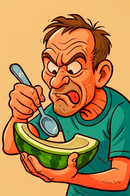 Rebañasandías. Caricatura de un hombre con expresión absurda rebañando con cuchara una tajada de sandía vacía, solo con la cáscara verde y el borde blanco