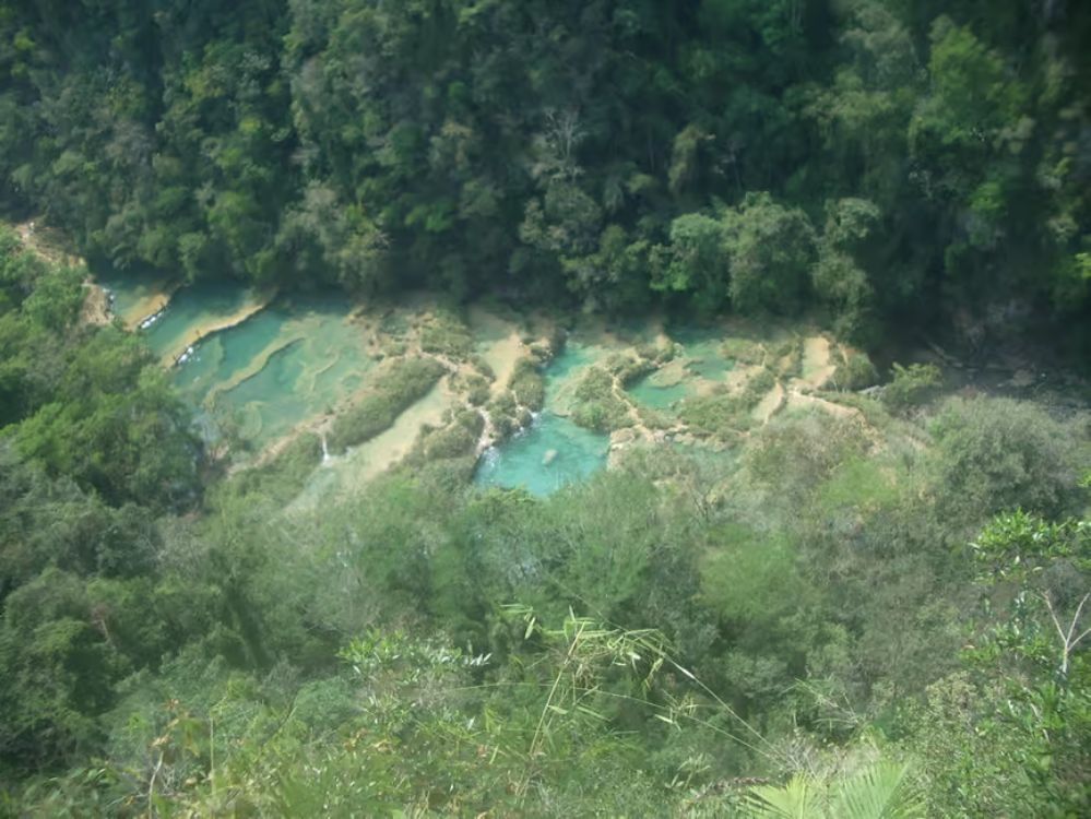 Vista aérea de las pozas turquesa de Semuc Champey rodeadas de selva densa en Alta Verapaz, Guatemala