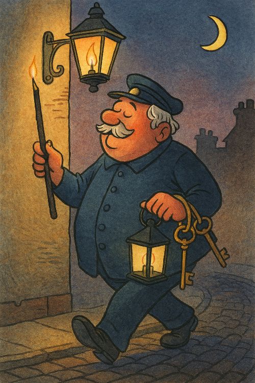 Ilustración humorística de un sereno con farol, llaves y gesto solemne en una calle antigua