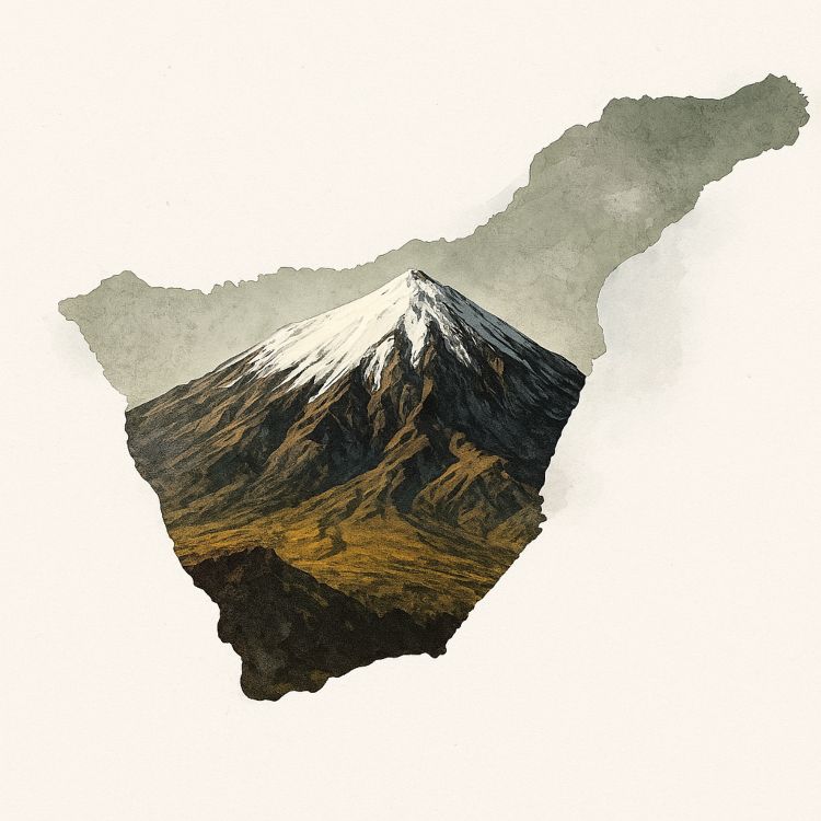 Tenerife Ilustración realista del volcán Teide nevado sobre la silueta de la isla de Tenerife