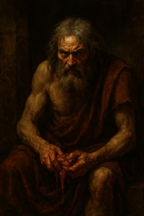 Tiestes Retrato sombrío de Tiestes, figura trágica de la mitología griega, con expresión atormentada y restos de un festín sangriento