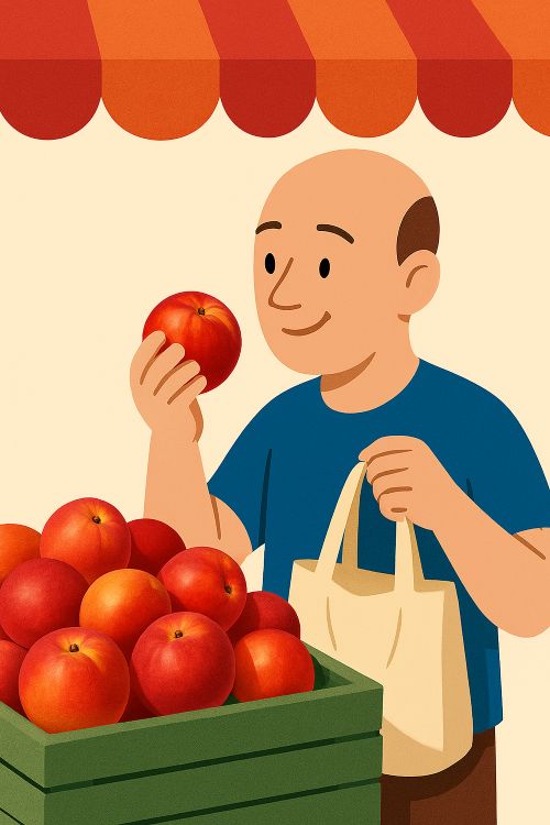 A ambos lados pelón Pelón y pelones. Hombre calvo en una frutería al aire libre, seleccionando nectarinas de una caja verde mientras sostiene una bolsa de tela