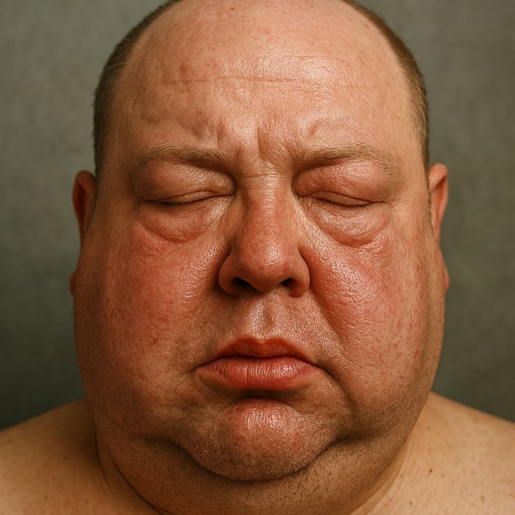 Abuhado. Escultura hiperrealista de rostro masculino con ojos cerrados, piel hinchada y expresión neutra bajo luz neutra