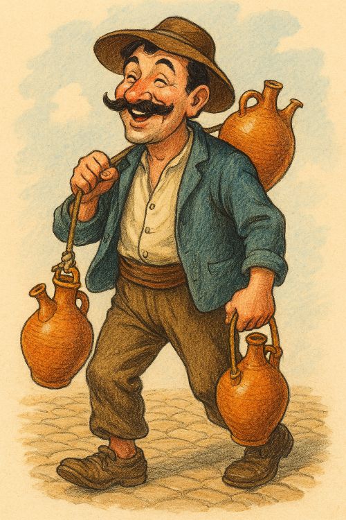 Aguador sonriente con cántaros, caminando por una calle empedrada bajo cielo claro