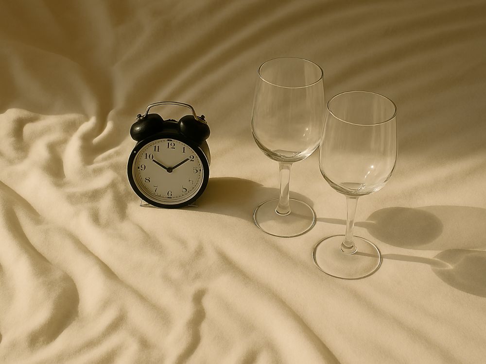 Antropofagia. Reloj clásico y copas vacías sobre sábana arrugada iluminada por luz cálida.