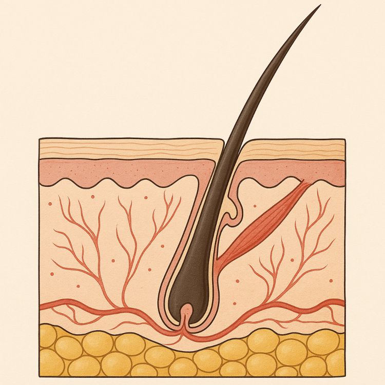 Arrectores pili. Ilustración anatómica de un folículo piloso en la piel humana, con músculo arrector pili en contracción