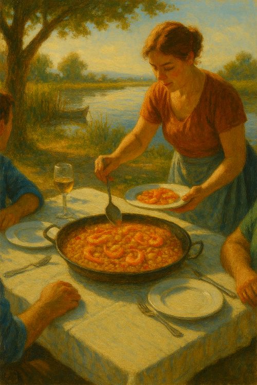 Escena al atardecer en la Albufera: mujer sirviendo arroz al señoret en mesa de madera junto al agua, con barca y juncos al fondo