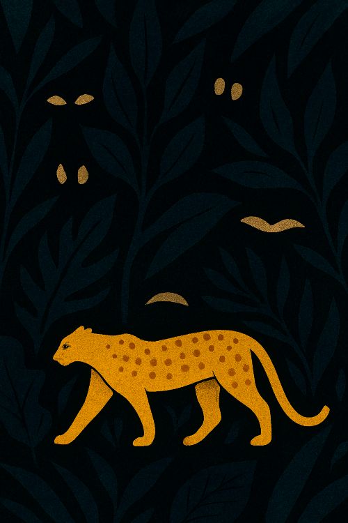 Asuntos delicados de la selva. Leopardo dorado caminando en penumbra entre hojas que insinúan ojos y bocas vigilantes